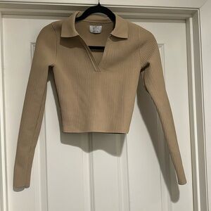 COZI by Aerie Ribbed Collared Top in Beige Size S